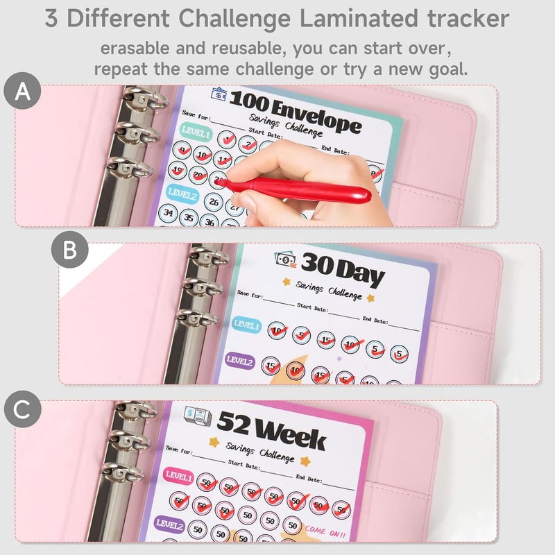 VAZOCA 2 Pack 100 Envelopes Money Saving Challenge, Cash Budget Planner A5 Binder, Savings Challenges Book Organizer Folder, with 3 Tracker to Save $5,050 and $2,600, $300, 100 Pre-numbered Pockets, Black & Red - Image 4